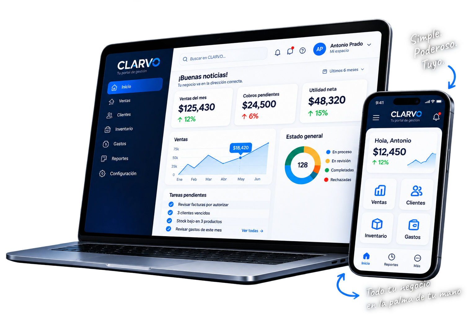 Vista preliminar del dashboard de CLARVO en laptop y teléfono