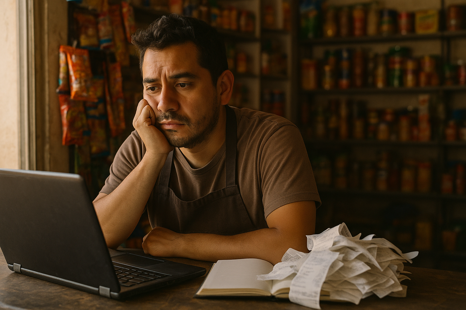 Dueño de un negocio pequeño revisando tickets de venta y una laptop, preocupado por no saber cuánto está ganando realmente